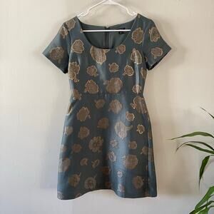 Ann Taylor Metallic Jacquard Sheath Dress Womens 2 Teal Gold Floral Print Dressy